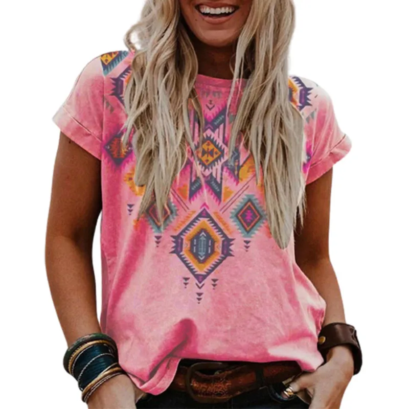 

Plus Size Loose Tshirt Women's Summer Casual Print Shirt Round Neck Boho Tops Chemise Femme 5XL