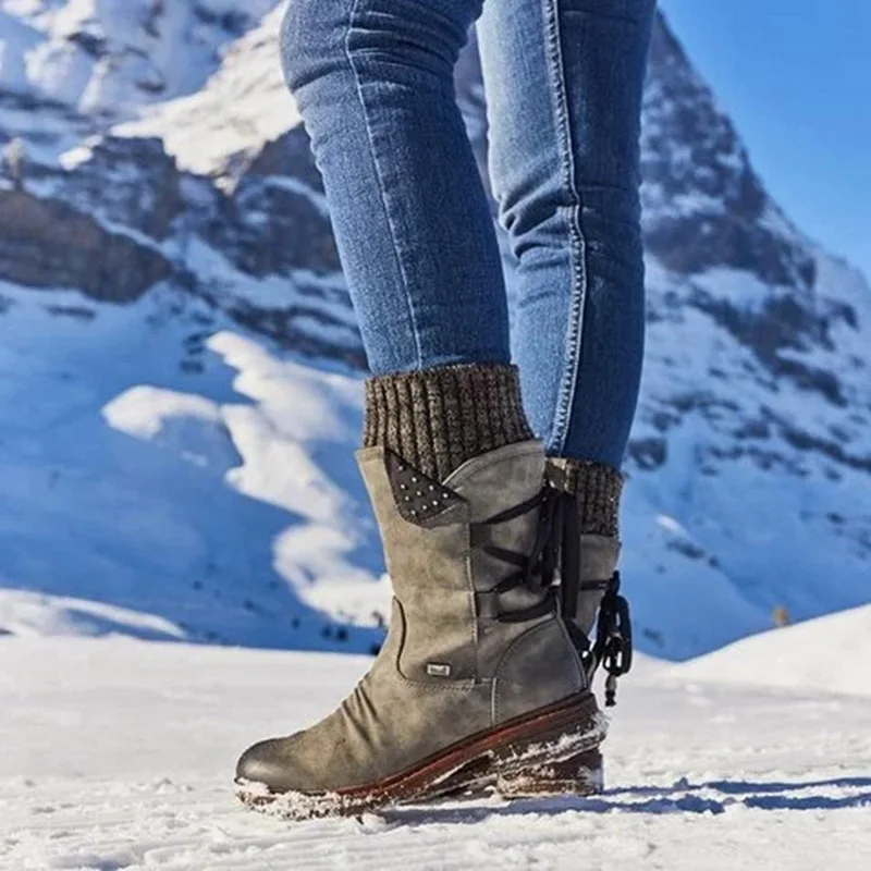 Women Boots Fashion Autumn PU Mid-Calf Boots With Back Lace-up Boots Solid Color Low Heels Shoes Botas Mujer Dropship