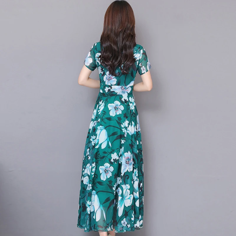 

women 2019 summer Casual Print Chiffon dress fashion Short sleeve O-Neck long dress elegant Ruffles A-Line dress women