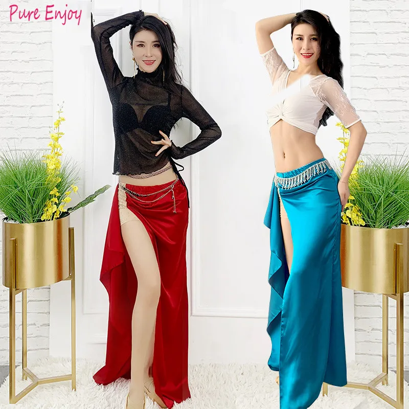 

Women belly dance lace V-neck top Wear and Skirt Side Slit Belly Dance Costume Dance team practice clothes free delivery