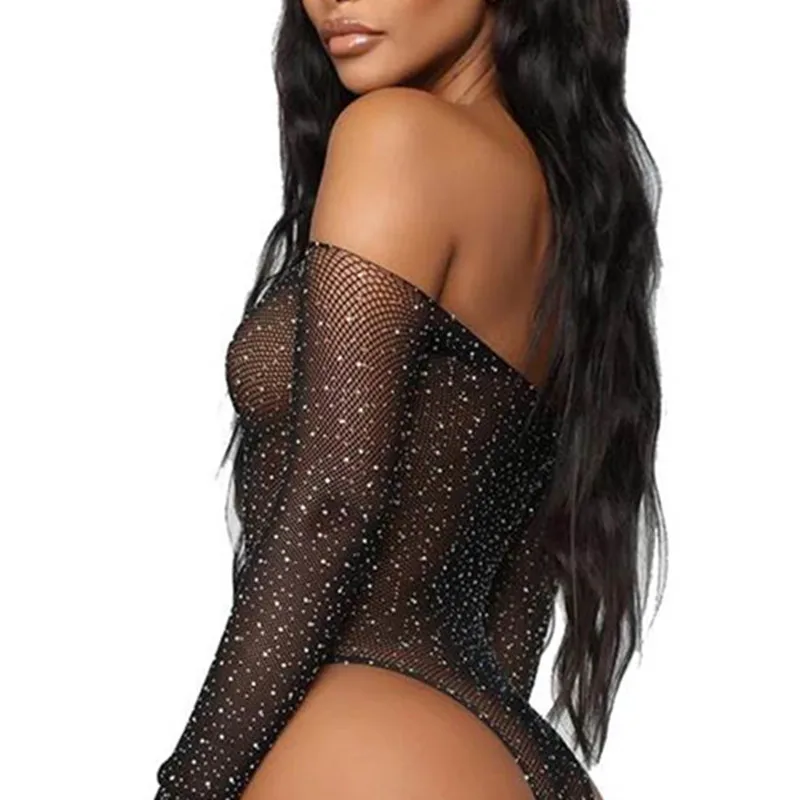 Black Teddy Comeonlover ажурные прозрачные Бриллианты Женские сексуальные дамские платья с длинным рукавом с открытыми плечами очаровательные блестящие боди Encaje RI80877 - Цвет: Black Teddy