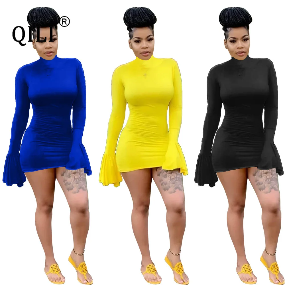 

QILI 2020 весеннее женское платье с длинным рукавом, однотонное платье с расклешенными рукавами, сексуальное платье миди для вечеринки, Клубное...