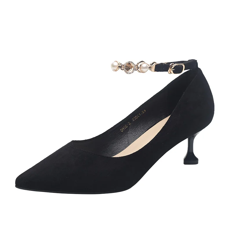 

Women's high heels 2019 autumn new wild suede black pointed casual work single shoes women's shoes
