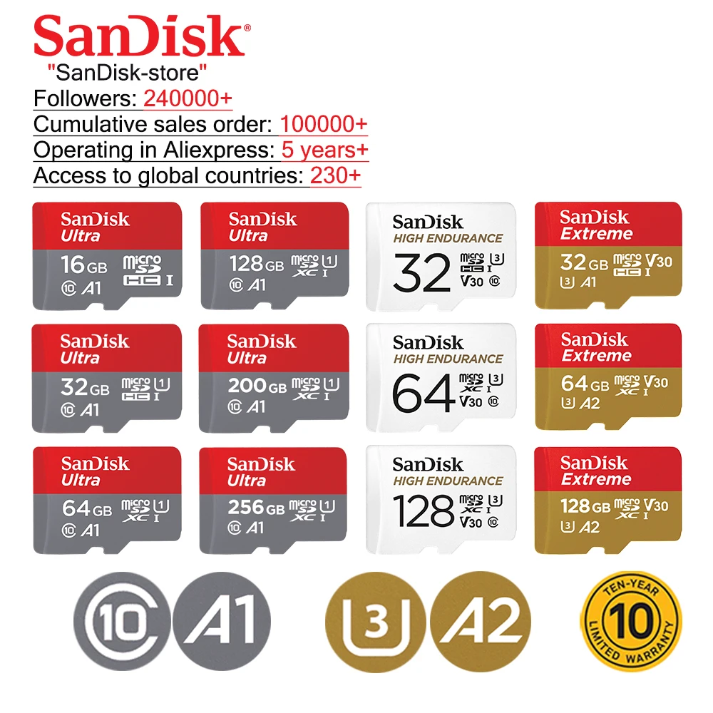 Sandisk 100% оригинальный слот для карт памяти 16 Гб оперативной 32 встроенной 64 ГБ 128 256