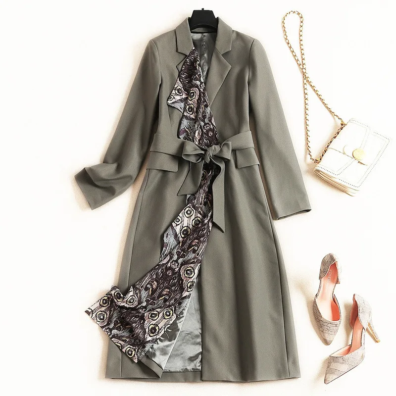 

Fashion Patchwork Print Long Trench Coat Women 2019 Autumn Spring Loose Coats Outerwear with Waist Belt Gabardina Mujer