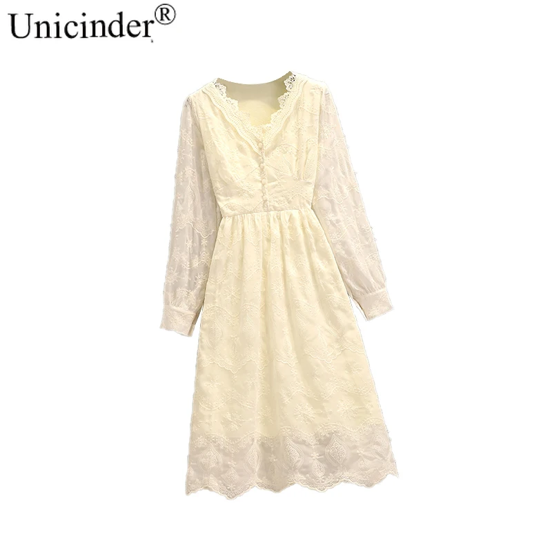 

Unicinder Women's New Big Yards Long Sleeve French Temperament Inside Take Charge In The Waist Long Hollow Out