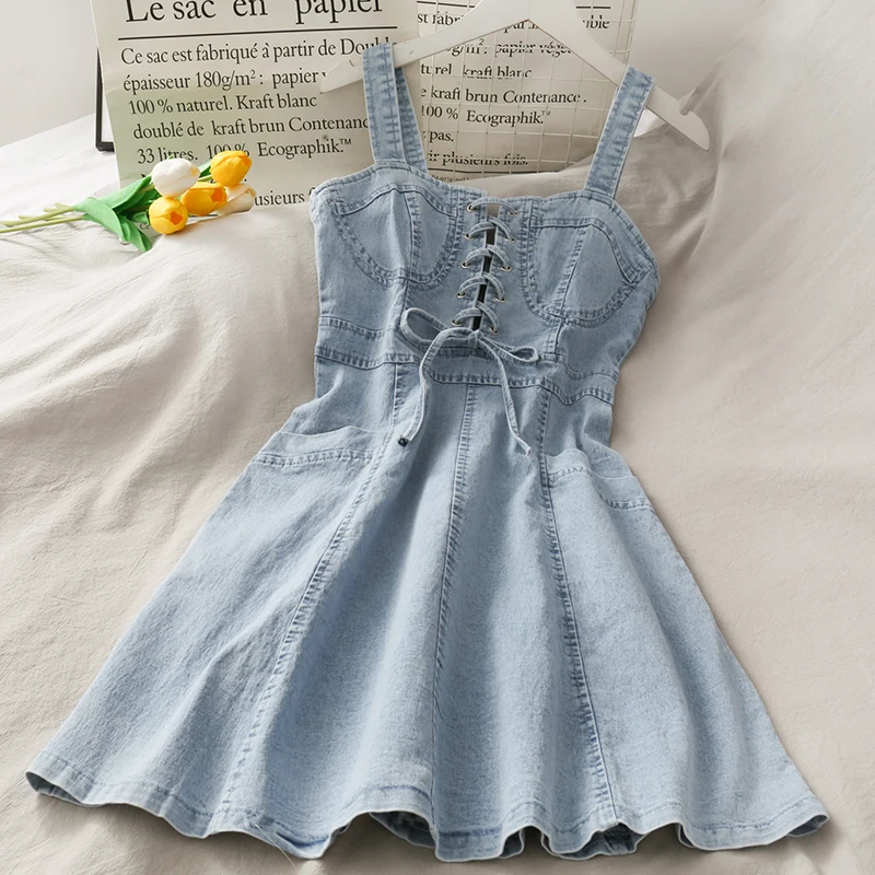 Корейское джинсовое платье для женщин летнее 2020 повседневное сексуальное на