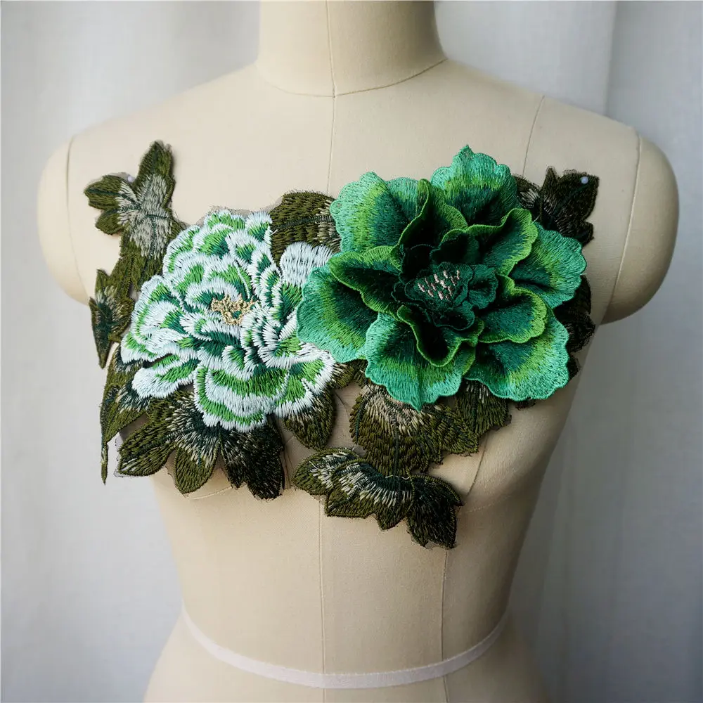 Green 3D Peony Flower Leaf Lace Fabric Multilayer Collar Embroidered Gown Appliques Sew Patch For Wedding Decoration Dress DIY | Дом и сад