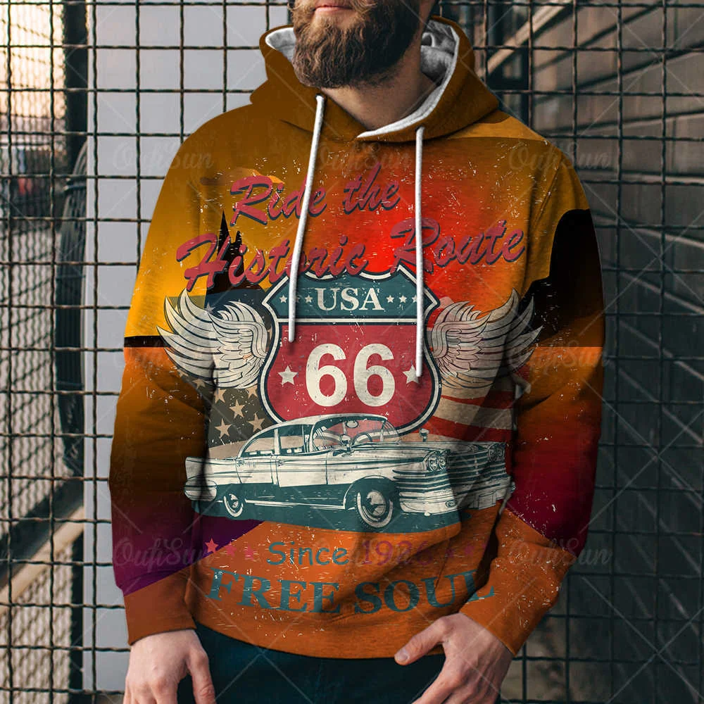 

Мужская повседневная толстовка с капюшоном, свободная удобная толстовка с 3D-принтом США 66, лето 2021