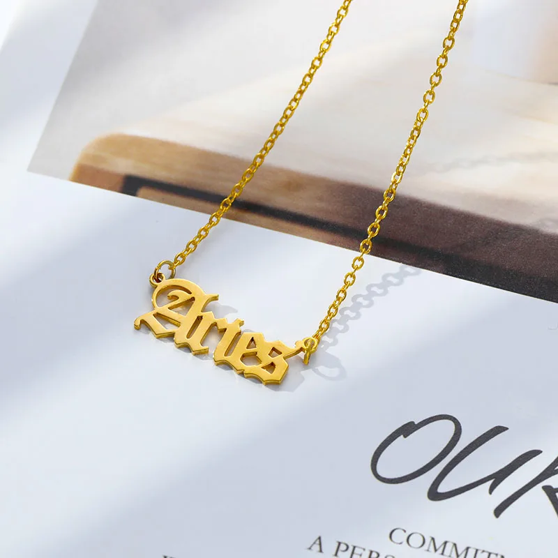 

2020 New Gold Stainless Steel Zodiac Sign Old English Letter Necklace Virgo Cancer Gemini Scorpio Symbol Horoscope Necklace