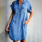 Женское джинсовое платье-рубашка, с коротким рукавом, однотонное, с отворотом, с V-образным вырезом, летнее платье, свободное, с пуговицами, до колена
