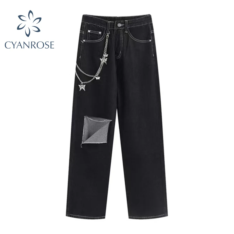 

Streetwear Gothic Ripped Jeans Pants Women With Punk Chain High Waist Fashion Wide Leg Hole Cowboy Trousers Black Stitched Pants
