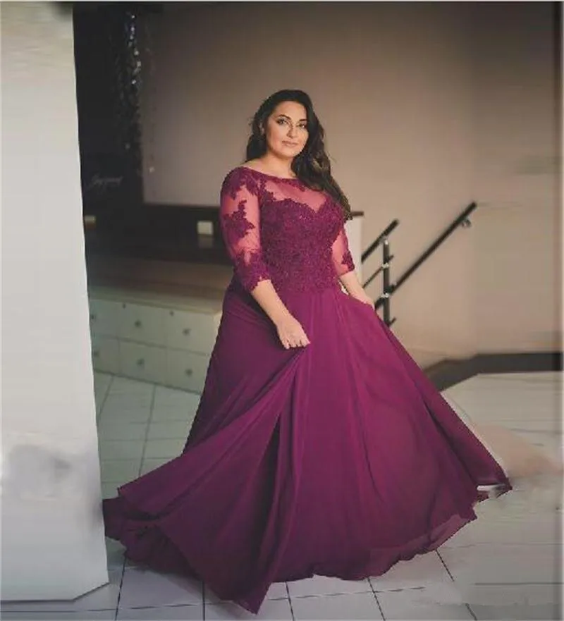 

Plus Size Mother Of The Bride Dresses Lace Appliques Sheer Neckline Women Formal Evening Gown 3/4 Sleeves vestido de madrinha