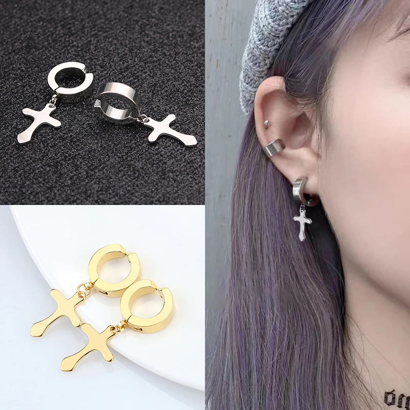 

Hanging Earrings For Teens Fake Ear Piercing Crosses Earrings Drop Earrings Stainless Steel Clip Earring Jwelry For Women 2021