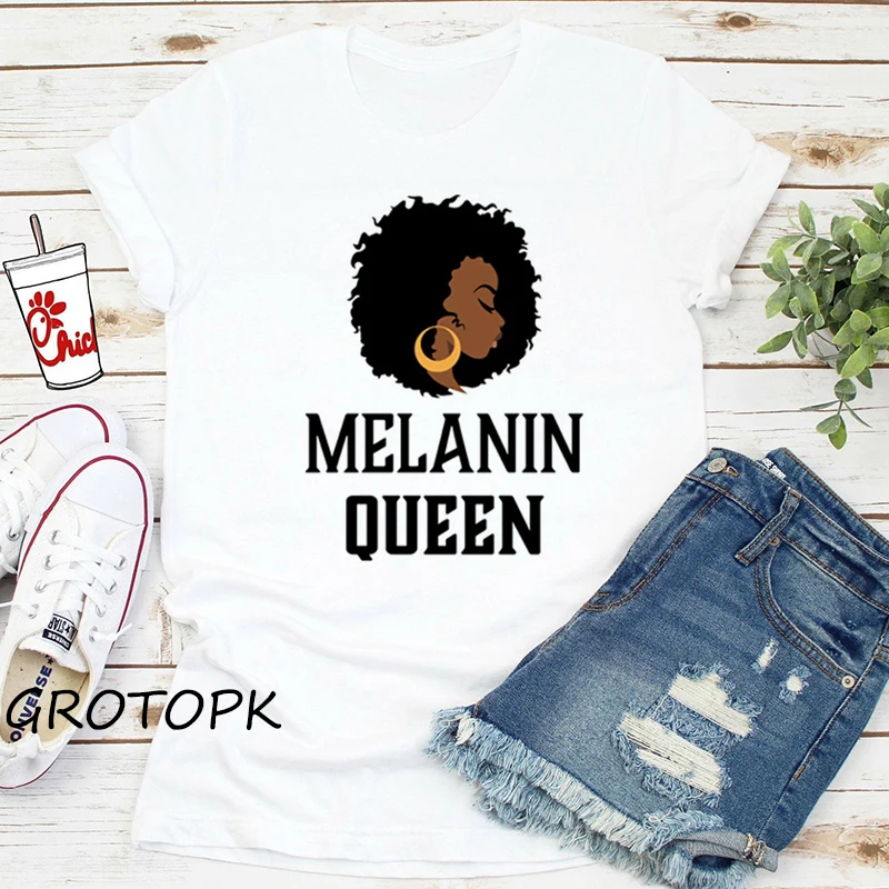 Melanin Poppin T-shirt Black Girl Harajuku Ulzzang T-Shirt Female Magic Korean Style Top Tee Shirts Woman Clothes | Женская одежда