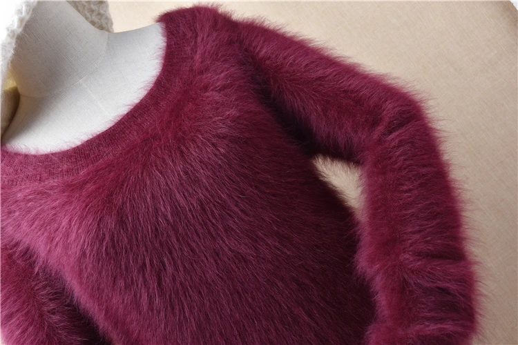 

top quality ladies women hairy wine mink cashmere knitted slim pullover blouses winter angora rabbit fur jumper sweater pull