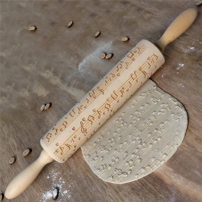 Christmas Party Cookies Baking Noodle Biscuit Cake Dough Rolling Tool Musical Note Cat Pattern Wooden Embossing Pin | Дом и сад