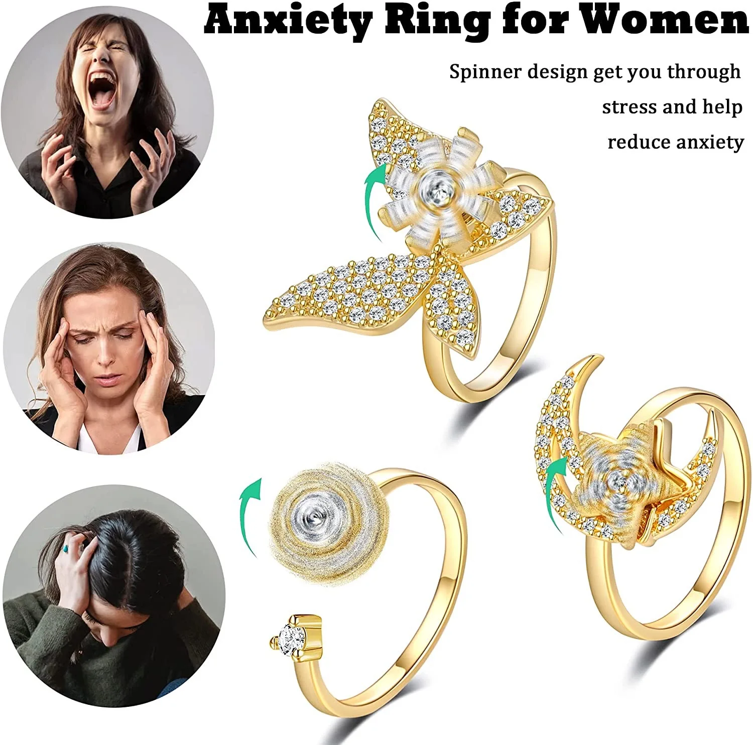 Женское кольцо с подсолнухом для снятия симптомов тревоги женское вращающееся