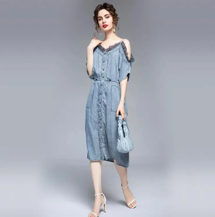 

Women's spring summer short sleeve sexy off shoulder denim dress female runway fashion high waist striped plus size dress TB675