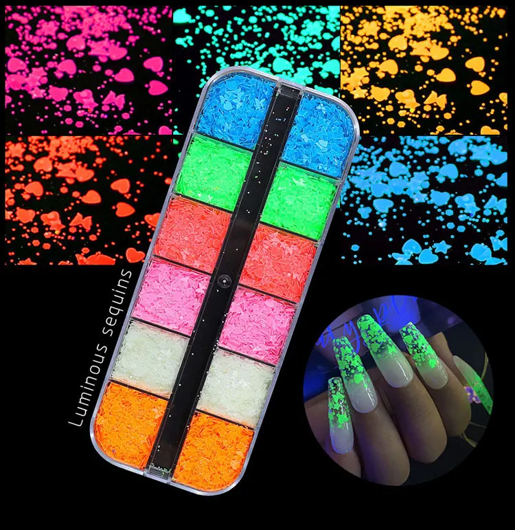

12 Girds Luminous Butterfly Heart Star Shape Nail Art Sequins Glow In The Dark Neon Nail Glitter Flakes DIY Manicure Decorations