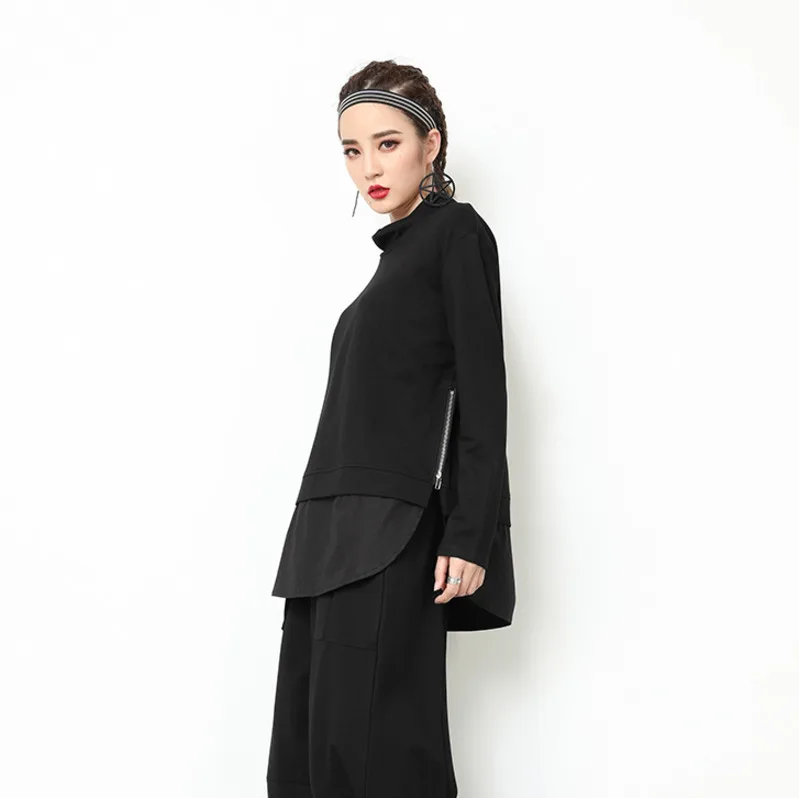 

[EAM] 2021 New Spring Autumn High Collar Long Sleeve Black Loose Hem Split Joint Loose Sweatshirt Women Fashion Tide JY504