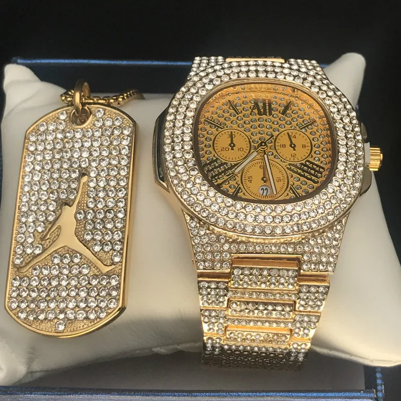 Роскошные мужские ювелирные изделия в стиле хип хоп стильные часы и ожерелье
