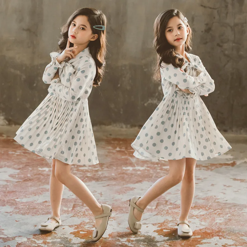 2020 Spring Autumn Kids Clothing Big Girl Boutique Chiffon Dresses Fashion Polka Dot Dress for Girls Age 4 5 6 7 8 9 10 11 12 13 | Детская