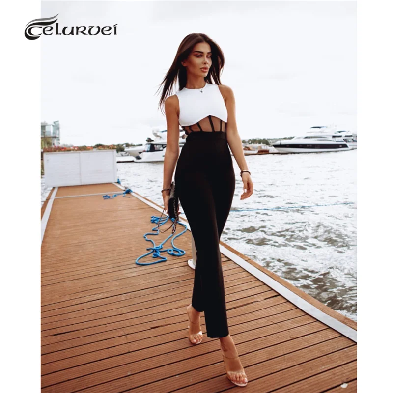 

High Quality Black White Patchwork Sleeveless Rayon Bandage Jumpsuit Sexy Evening Club Party Jumpsuit