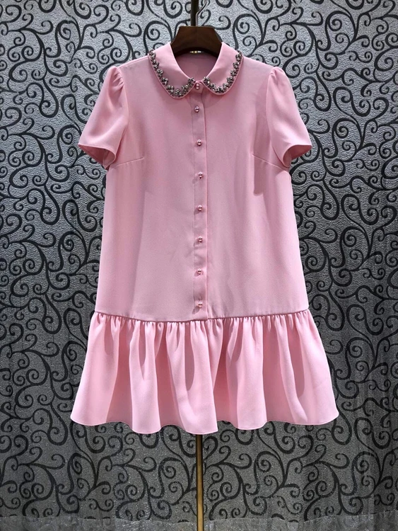 

2021 new women fashion short-sleeved lapel buttoned lotus leaf dress 421