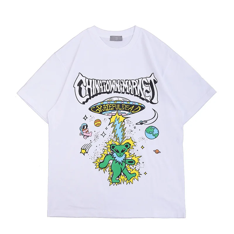 

Summer 2021 New Three-color Bear Letter Print Round Collar Men's Short-sleeved T-shirt Women Clothing Oversized T Shirt Cartoon