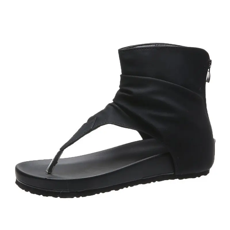 

Summer Women T-Strap Sandals Leather Platform Wedge Low Heel Flip Toe Back Zipper Ankle-Wrap Outdoor Retro Shoes Ladies Whosale