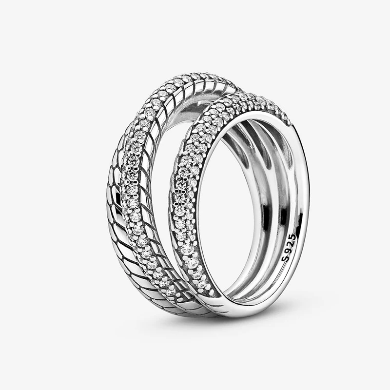 

Brand new genuine 925 sterling silver three-ring pavé snake bone ring DIY original wedding couple ladies ring jewelry gift