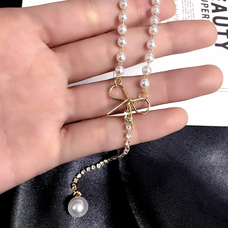 Модный бант золотого цвета жемчужные ожерелья чокер для женщин длинные