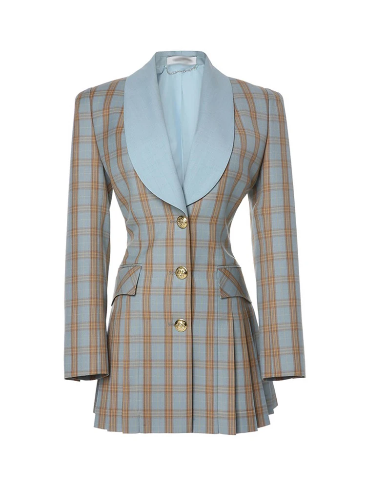 

Vintage Single-Breasted Pleated Plaid Suit Dress Female 2020 Autumn New Lapel Contrast Color Waist Slimming Dress