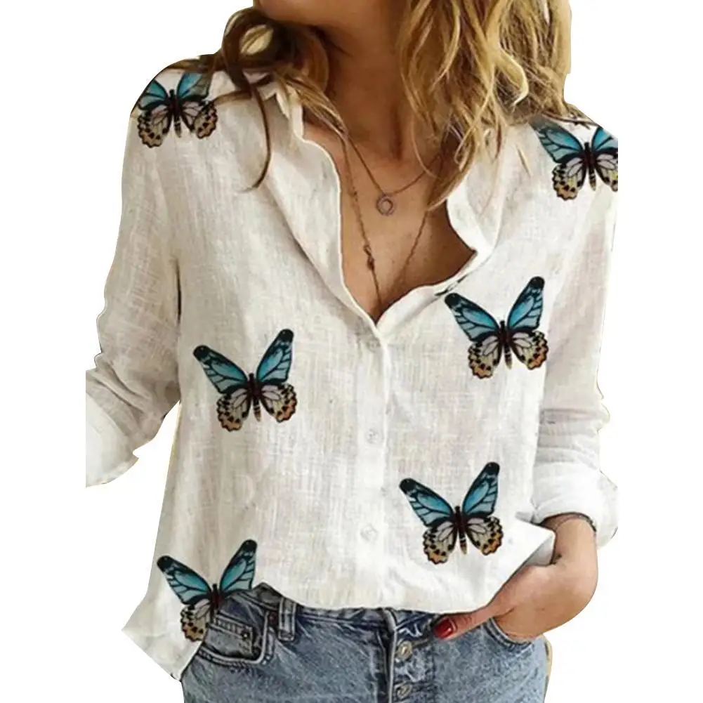 

Women Casual Autumn Shirt Long Sleeve Turn-down Collar Shirts Butterflies Print Single-breasted Office Lady Shirt Blouse