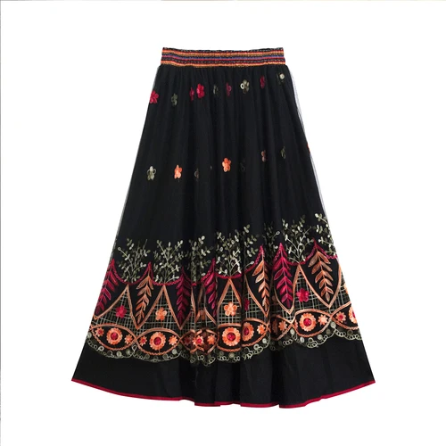 Женская сетчатая юбка с вышивкой Длинная черная до щиколотки высокой талией в