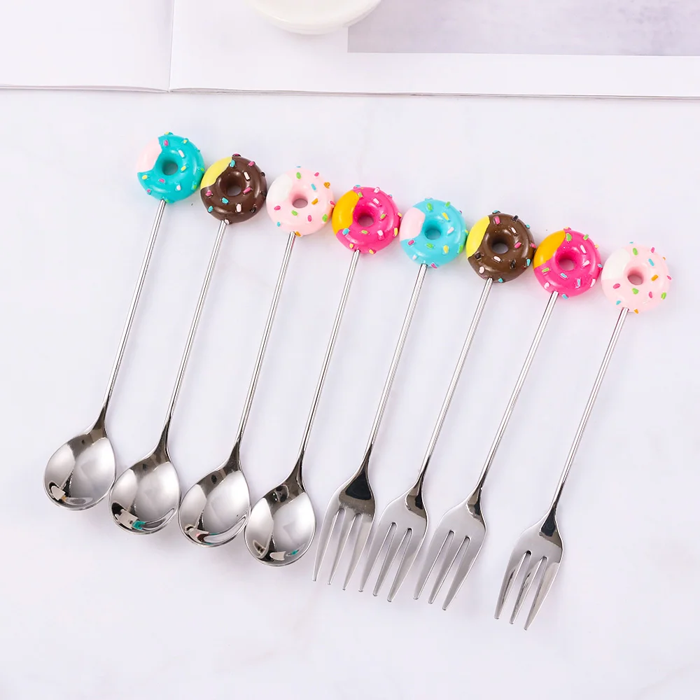 

1PC Donut Cute Stainless Steel Doughnut Dessert Spoon Fork Coffee Ice Cream Candy Kitchen Flatware Baby Kids Dinnerware