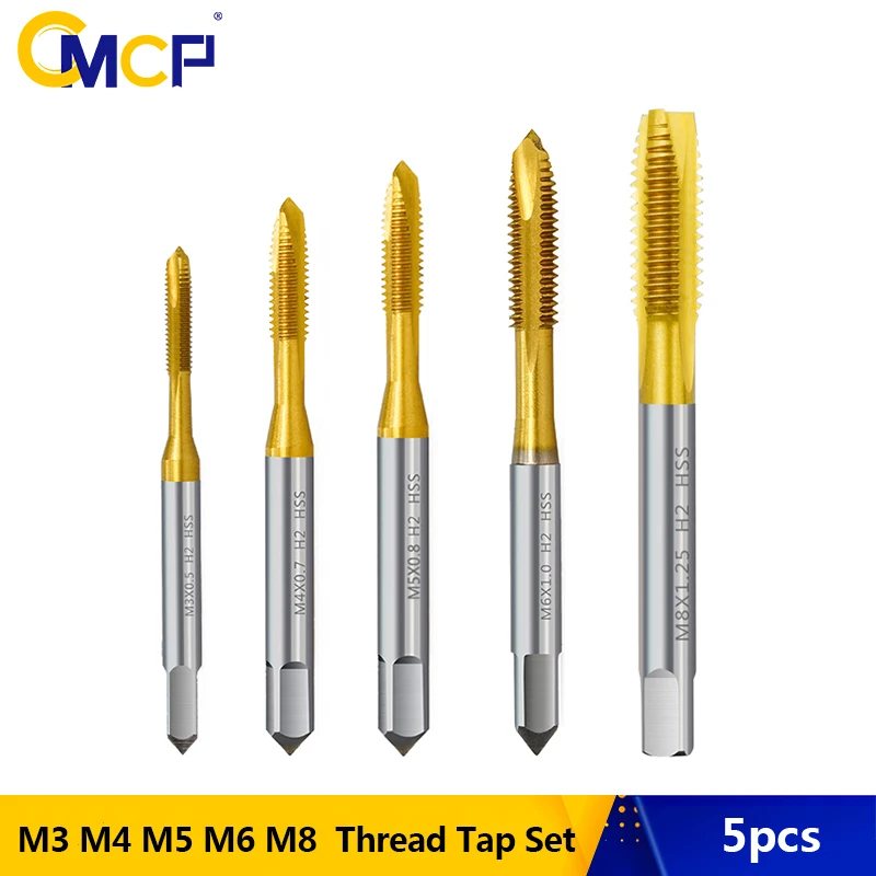 

CMCP Thread Tap Set 5pcs M3 M4 M5 M6 M8 HSS 6542 TiN Coated Screw Thread Tap Drill Straight Flute Metric Tap Threading Tool