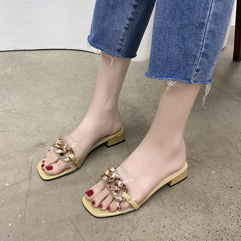 

Shoes Woman 2021 Square heel Female Slippers Heeled Mules Low Luxury Slides Block New Soft Summer High Flat Designer Basic Pumps