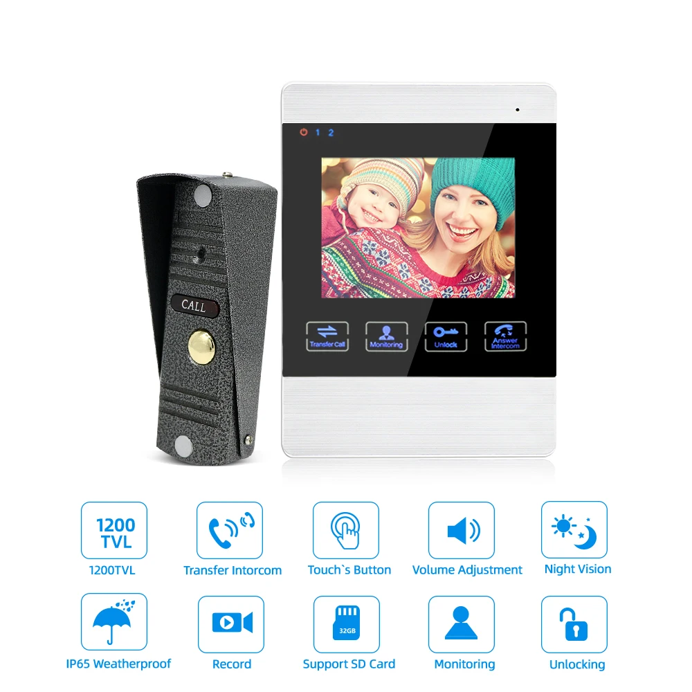 Видеодомофон Jeatone металлический дверной звонок с 4 дюймовым экраном HD Led 1200TVL