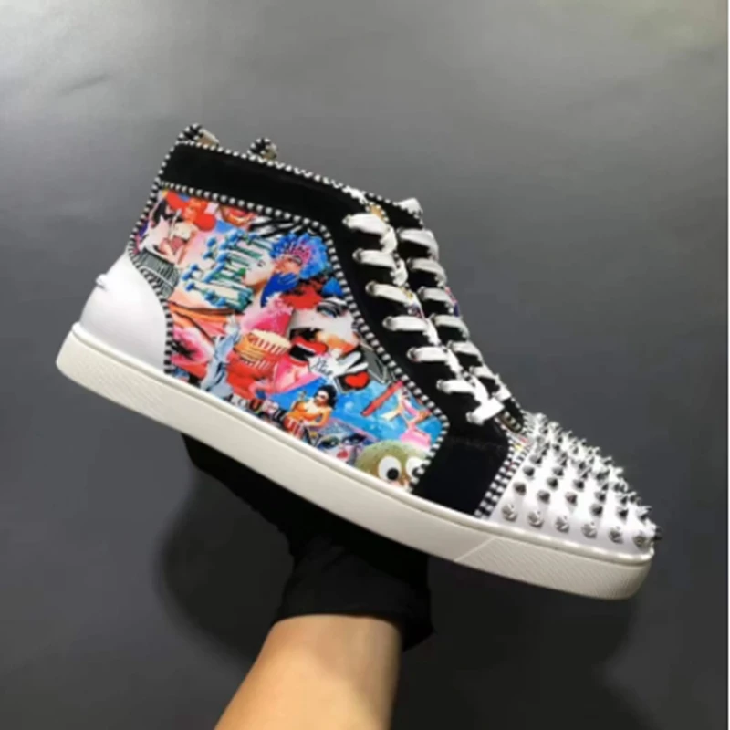 

New High Top Thick CL Red Bottom Graffiti Leather Shoes For Men Casual Flat Loafers Rivets Toecap Runway Sneakers Couple