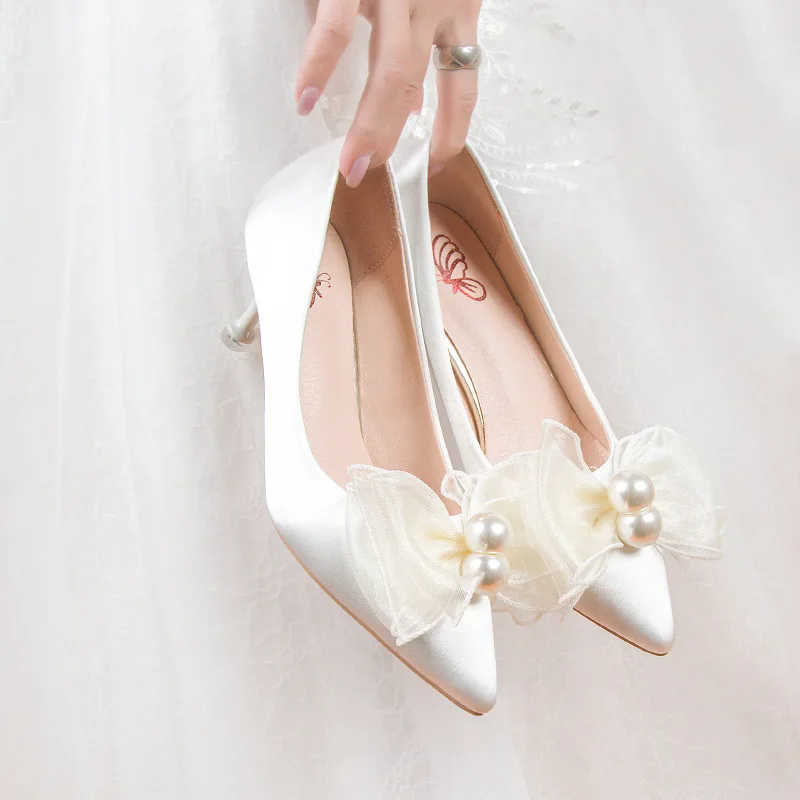 

White Women Wedding Shoes Female Bridesmaid Bridal High Heels Butterfly-knot 7cm Ladies Pumps Woman's Party Career Heeled Shoe