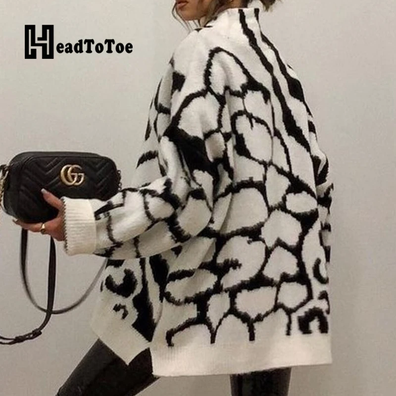 

Zebra Pattern Loose Casual Fashion Sweater Women Full Sleeve Round Neck Pullover Woman