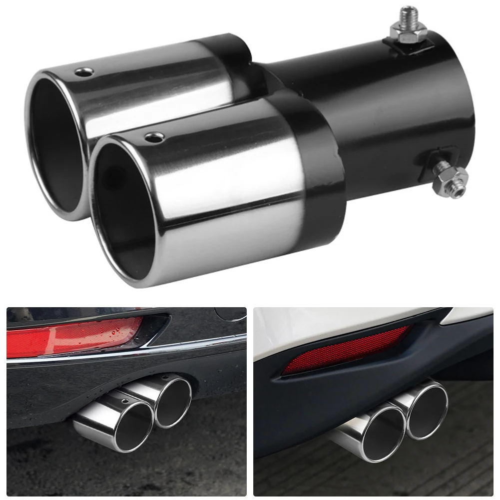

VODOOL Dual Outlet Car Exhaust Tip Stainless Steel Slant Rolled Edge Auto Muffler Silencer Universal Black+Silver Car Exterior