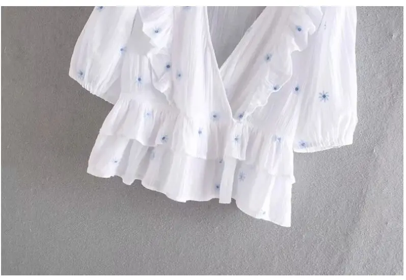 

HCBLESS Summer women's low-cut V-neck ruffled embroidery white shirt cotton top