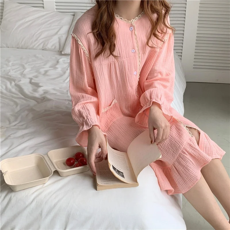 

Woman's Nightdress 2021 New Summer Cotton Dress Solid Color Long-sleeved Lace Nightgown Kawaii Soft Sleepwear Sweet Home Wear
