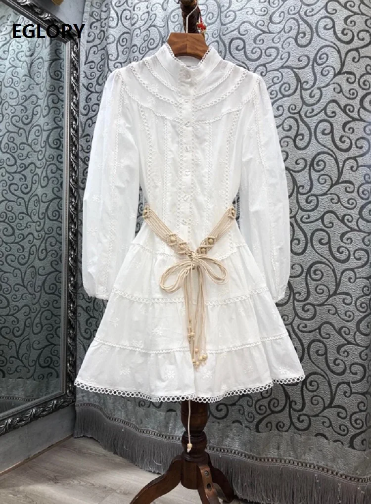 

Top Quality Designer Dress 2020 Autumn Women Hollow Out Ring Embroidery Deco String Belt Patchwork Long Sleeve White Dress Club