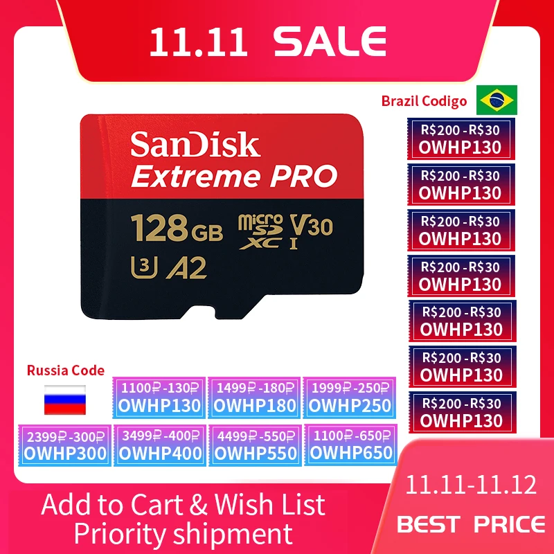 Карта памяти SanDisk Extreme Pro micro sd 64 ГБ 128 1 ТБ 512 класс 10 флеш-карты U3 A2 V30 tf для gopro |