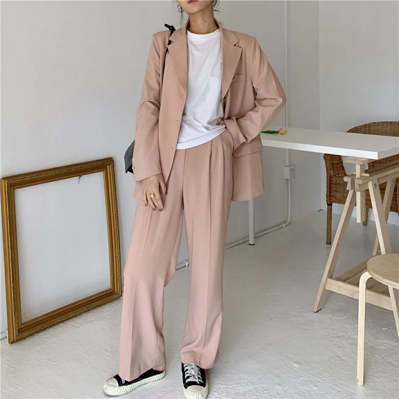 

Chic Loose 2 Pieces Set Single-breasted Notched Jacket & Straight Pant Female Blazer Suit 2020 Spring Women Pant Suit