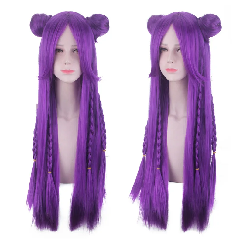 

Anime 80CM LOL K/DA Daughter of the Void Kaisa KDA Long Purple Braided With Buns Heat Resistant Hair Cosplay Costume Wig